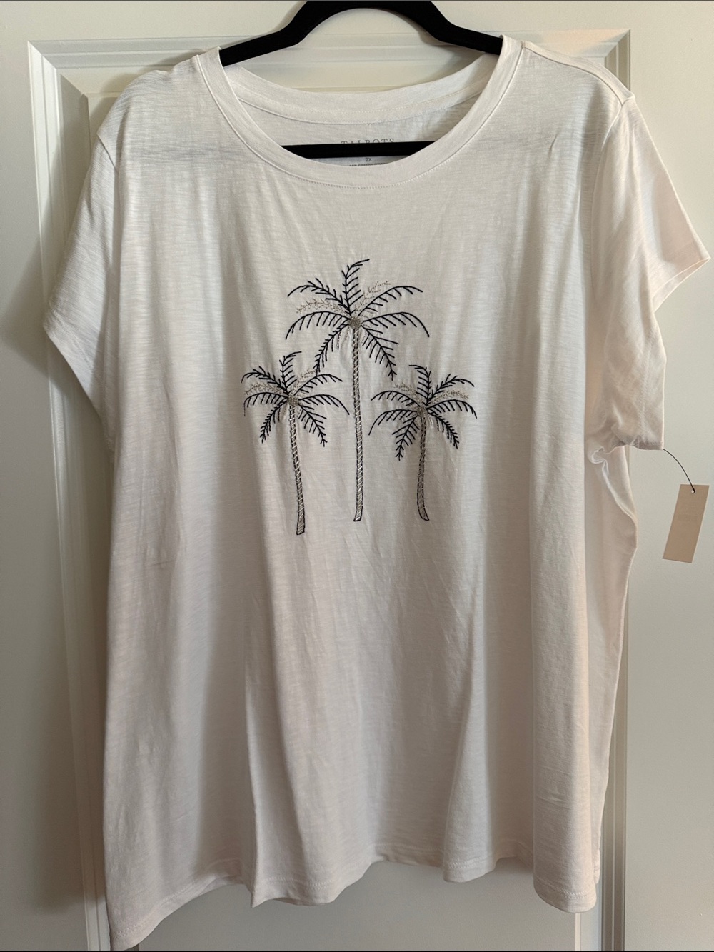 Talbots White Short Sleeve Tee with Black and Silver Palm Tree Beaded Embroidery - Picture 1 of 1